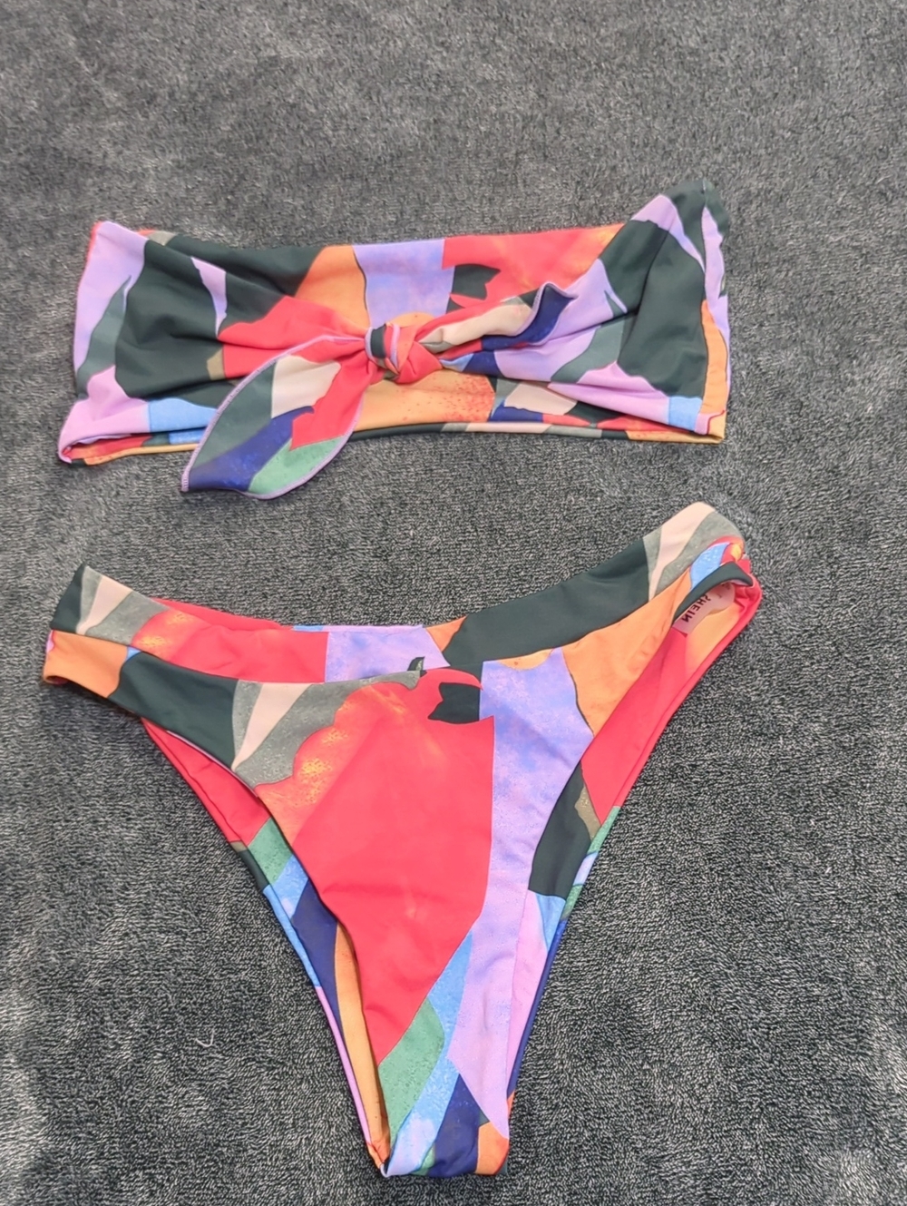 Amazon Women's Multicolor Abstract Bandeau Bikini - Red, Purple, Green, Orange